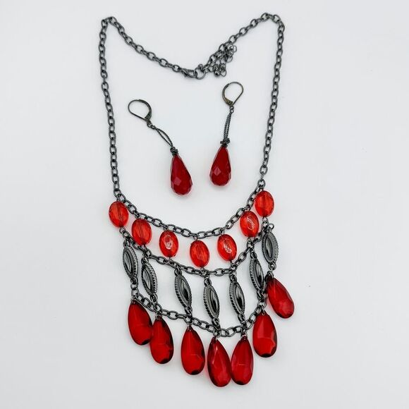 Vintage Parure Blood Red Teardrop Necklace Earrings Set Vampire Glam Bling Drape - Picture 4 of 12